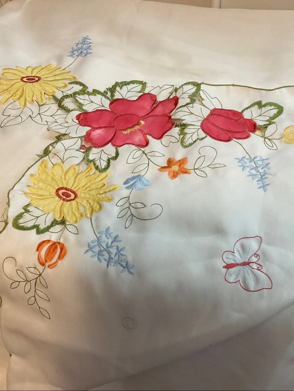 White Embroidered Floral Tablecloth with Red, Yellow & Pink Accents